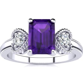 1 Carat Amethyst and Two Diamond Heart Ring In 10 Karat White Gold