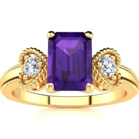 1 Carat Amethyst and Two Diamond Heart Ring In 10 Karat Yellow Gold