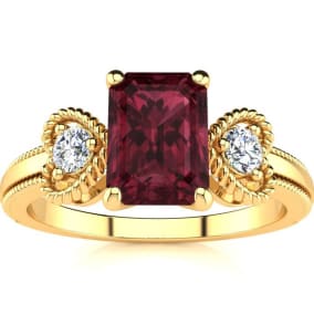 1 1/2 Carat Garnet and Two Diamond Heart Ring In 10 Karat Yellow Gold