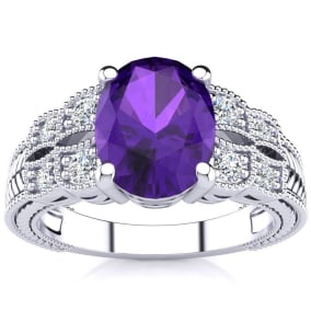 1 3/4 Carat Oval Shape Amethyst and Diamond Ring In 10 Karat White Gold