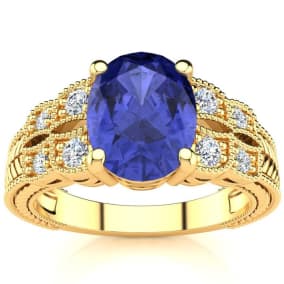 2 Carat Oval Shape Tanzanite and Diamond Ring In 10 Karat Yellow Gold