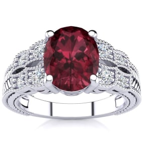 2 Carat Oval Shape Garnet and Diamond Ring In 10 Karat White Gold
