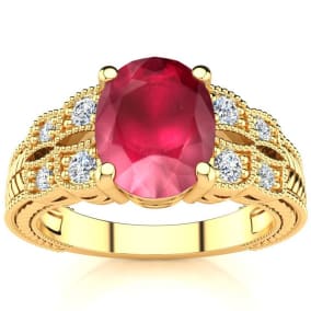 3 Carat Oval Shape Ruby and Diamond Ring In 10 Karat Yellow Gold