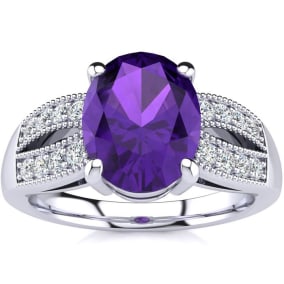 1 3/4 Carat Oval Shape Amethyst and Diamond Ring In 14 Karat White Gold