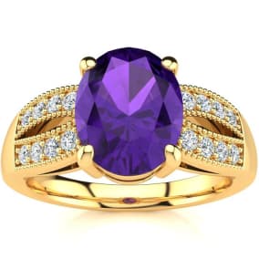 1 3/4 Carat Oval Shape Amethyst and Diamond Ring In 14 Karat Yellow Gold
