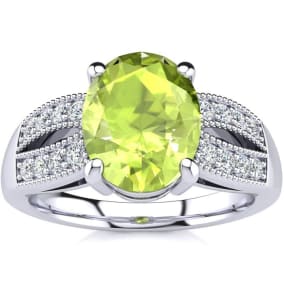 2 Carat Oval Shape Peridot and Diamond Ring In 14 Karat White Gold