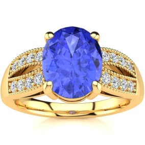 2 Carat Oval Shape Tanzanite and Diamond Ring In 14 Karat Yellow Gold