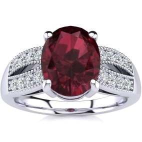 2 Carat Oval Shape Garnet and Diamond Ring In 14 Karat White Gold