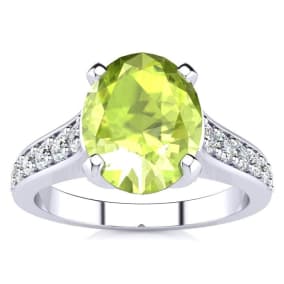 2 Carat Oval Shape Peridot and Diamond Ring In 14 Karat White Gold