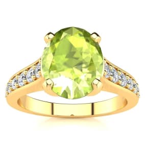 2 Carat Oval Shape Peridot and Diamond Ring In 14 Karat Yellow Gold