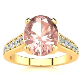 2 Carat Oval Shape Morganite and Diamond Ring In 14 Karat Yellow Gold