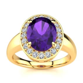 1 3/4 Carat Oval Shape Amethyst and Halo Diamond Ring In 14 Karat Yellow Gold