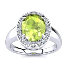 2 Carat Oval Shape Peridot and Halo Diamond Ring In 14 Karat White Gold