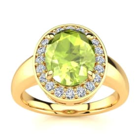 2 Carat Oval Shape Peridot and Halo Diamond Ring In 14 Karat Yellow Gold