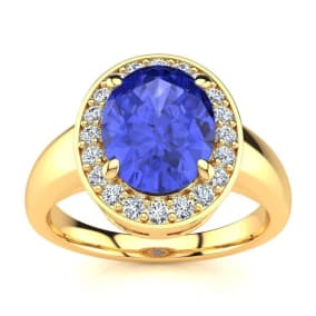 2 Carat Oval Shape Tanzanite and Halo Diamond Ring In 14 Karat Yellow Gold