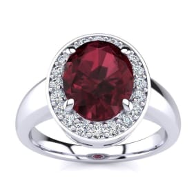 2 1/5 Carat Oval Shape Garnet and Halo Diamond Ring In 14 Karat White Gold