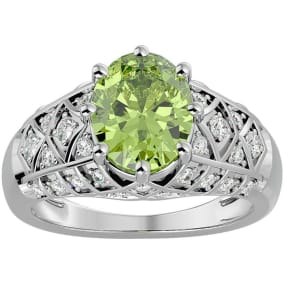 3 Carat Oval Shape Peridot and Diamond Ring In 10 Karat White Gold