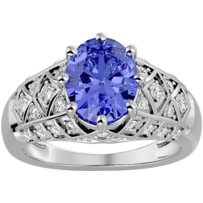 2 3/4 Carat Oval Shape Tanzanite and Diamond Ring In 10 Karat White Gold