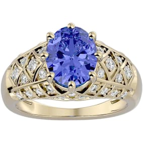 2 3/4 Carat Oval Shape Tanzanite and Diamond Ring In 10 Karat Yellow Gold
