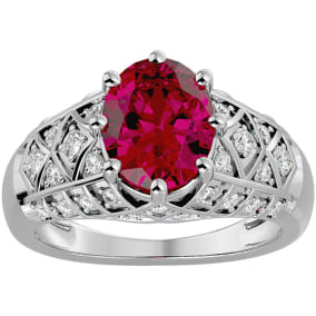 3 1/2 Carat Oval Shape Ruby and Diamond Ring In 10 Karat White Gold