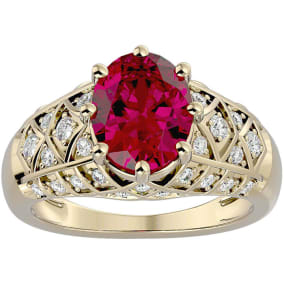 3 1/2 Carat Oval Shape Ruby and Diamond Ring In 10 Karat Yellow Gold