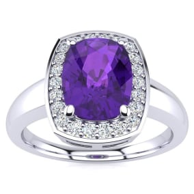 2 Carat Cushion Cut Amethyst and Halo Diamond Ring In 14 Karat White Gold
