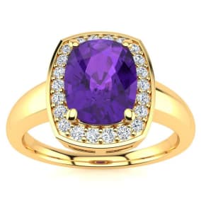 2 Carat Cushion Cut Amethyst and Halo Diamond Ring In 14 Karat Yellow Gold