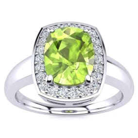2 2/3 Carat Cushion Cut Peridot and Halo Diamond Ring In 14 Karat White Gold