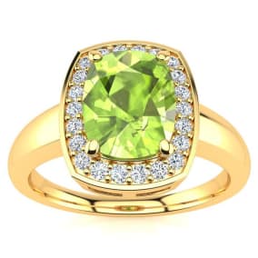 2 2/3 Carat Cushion Cut Peridot and Halo Diamond Ring In 14 Karat Yellow Gold