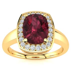 Garnet Ring: Garnet Jewelry: 3 Carat Cushion Cut Garnet and Halo Diamond Ring In 14 Karat Yellow Gold