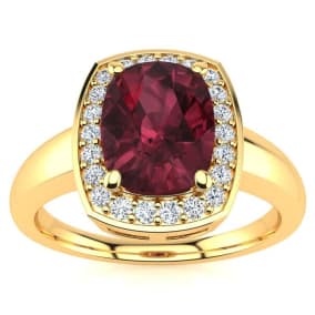 3 Carat Cushion Cut Garnet and Halo Diamond Ring In 14 Karat Yellow Gold