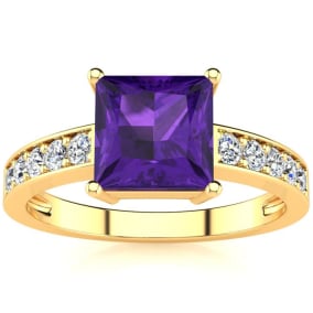 Square Step Cut 1 2/3ct Amethyst and Diamond Ring in 14K Yellow Gold
