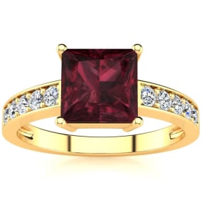 Garnet Ring: Garnet Jewelry: Square Step Cut 1 2/3ct Garnet and Diamond Ring in 14K Yellow Gold