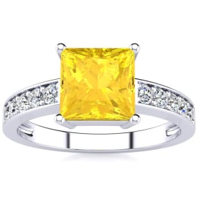 Square Step Cut 1 1/2ct Citrine and Diamond Ring in 14K White Gold