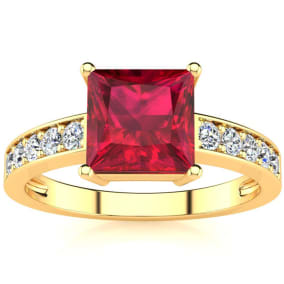 Square Step Cut 1 7/8ct Ruby and Diamond Ring in 14K Yellow Gold