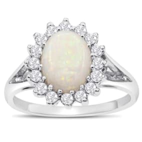 1-1/2 Carat Opal Ring and Halo Diamonds In 14 Karat White Gold