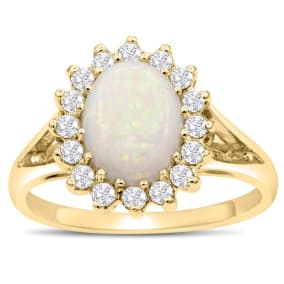 1-1/2 Carat Opal Ring and Halo Diamonds In 14 Karat Yellow Gold