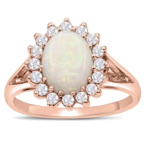 1 1/2 Carat Opal and Halo Diamond Ring In 14 Karat Rose Gold