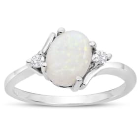 7/8 Carat Opal and Two Diamond Ring In 14 Karat White Gold