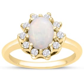 1 Carat Opal Ring and Halo Diamonds In 14 Karat Yellow Gold