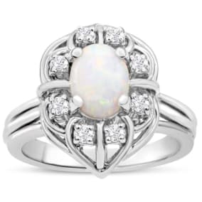 1 Carat Vintage Opal Ring and Halo Diamonds In 14 Karat White Gold