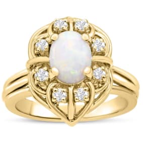 1 Carat Vintage Opal Ring and Halo Diamonds In 14 Karat Yellow Gold