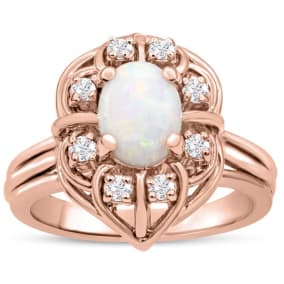 1 Carat Vintage Opal Ring and Halo Diamonds In 14 Karat Rose Gold