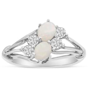 3/4 Carat Double Opal Ring with Four Diamonds In 14 Karat White Gold