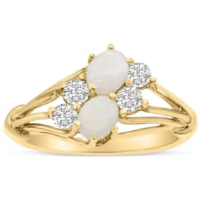 3/4 Carat Double Opal Ring with Four Diamonds In 14 Karat Yellow Gold