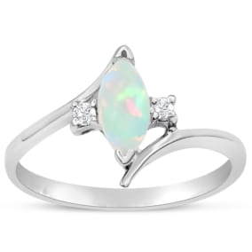 1/2 Carat Marquise Shape Opal and Two Diamond Ring In 14 Karat White Gold