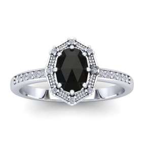 1 Carat Rose Cut Oval Black and White Diamond Halo Ring In 14 Karat White Gold