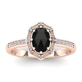 1 Carat Rose Cut Oval Black and White Diamond Halo Ring In 14 Karat Rose Gold