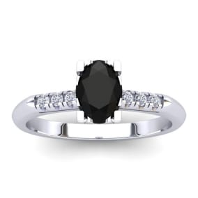 1 Carat Rose Cut Oval Shape Black and White Diamond Ring In 14 Karat White Gold