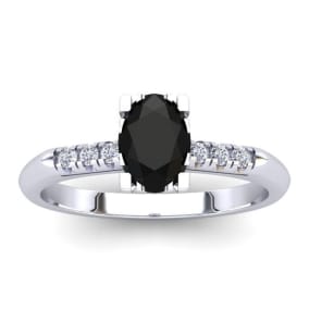 1 Carat Rose Cut Oval Shape Black and White Diamond Ring In 14 Karat White Gold, Size 7